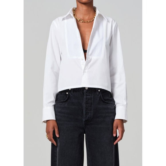 Citizens of Humanity White Fino Boxy Cropped Tuxedo Shirt Blouse Womens Size M - Picture 1 of 12